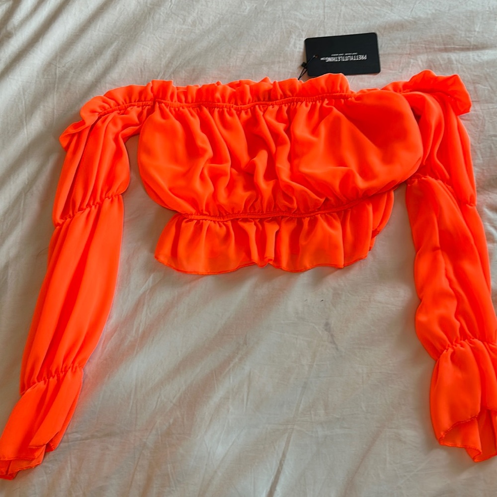 Pretty Little Thing Neon Orange Crop top, US Size 4, New With Tags